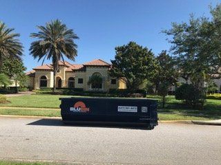 BluBin dumpster on a residential street with palm trees